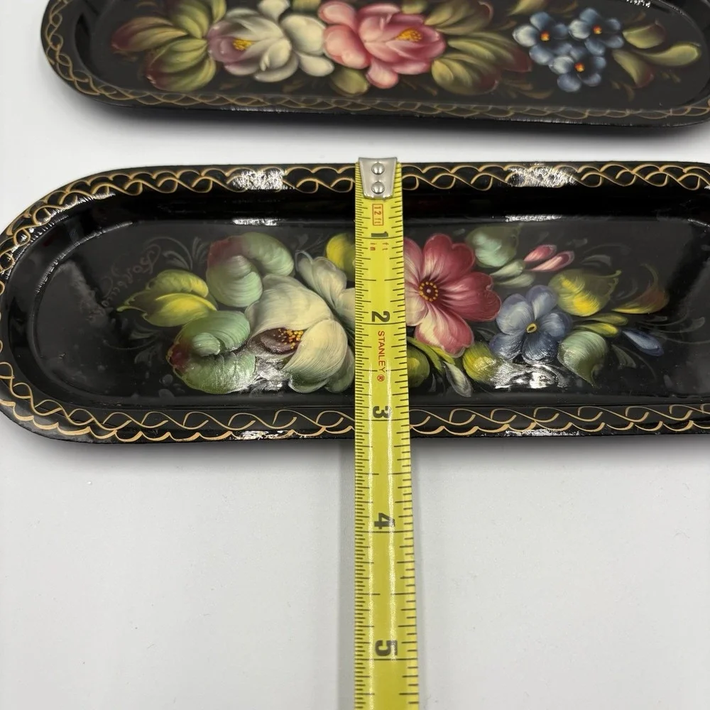 Two (2) Zhostovo Hand painted Russian Metal Decorative Trinket Tray Flowers